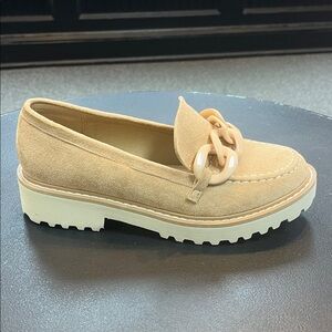 Pierre Dumas Beige Suede Loafers with Chain Accent